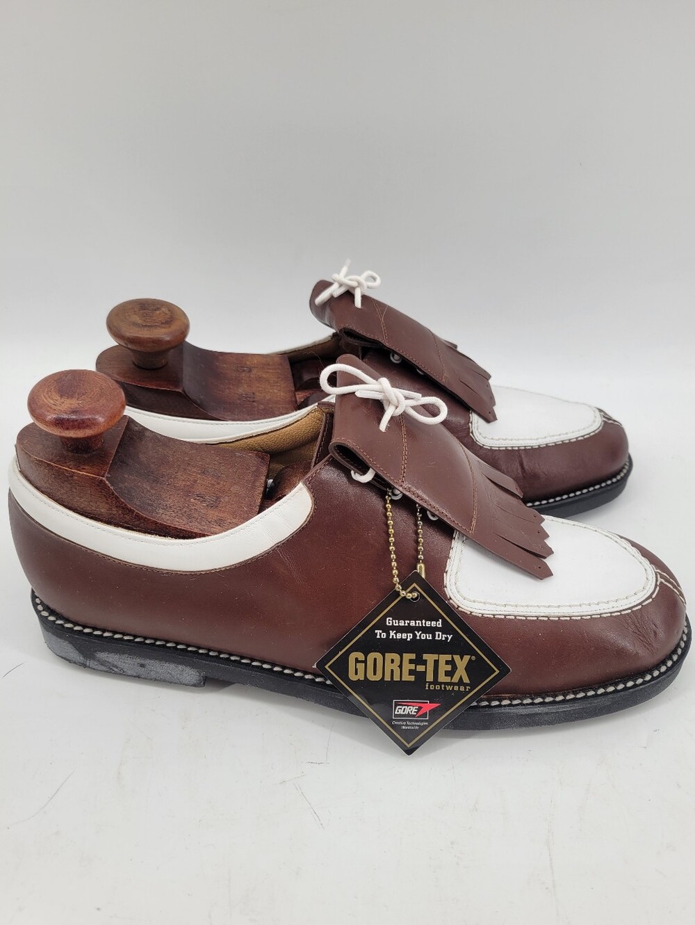 Stuart Weitzman Golf Brown and White Leather Loafers with Fringe and Gore-Tex 8